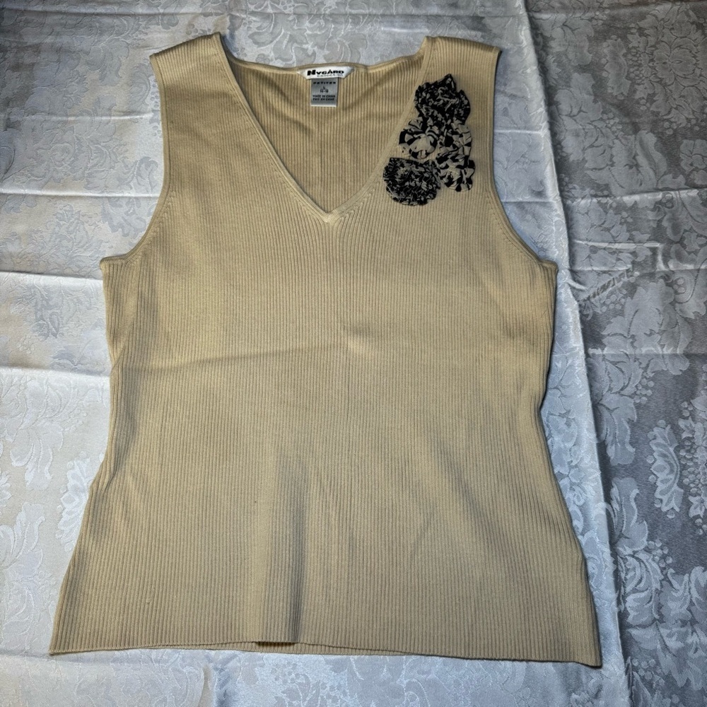 Cream V-Neck Tank with Black Floral Design